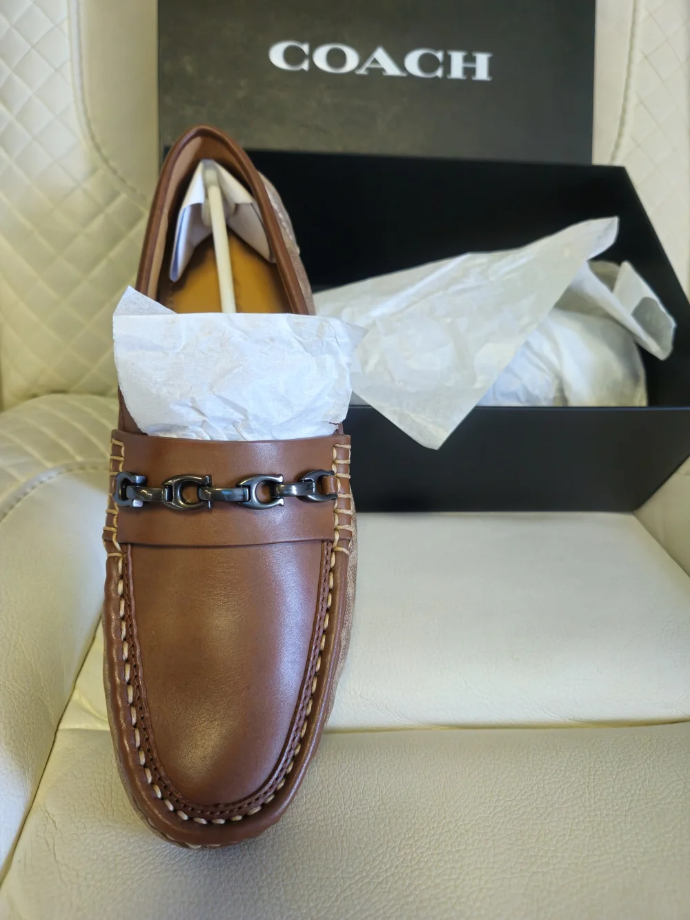 Coach Men's Brown Leather Chain-Accent Slip-On Loafers Authentic